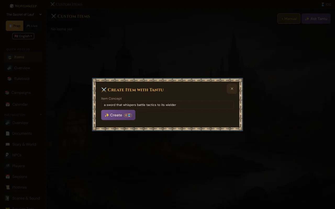 The Create Item with Tantu window: Item Concept with a short idea and Create with the 4 Threads badge