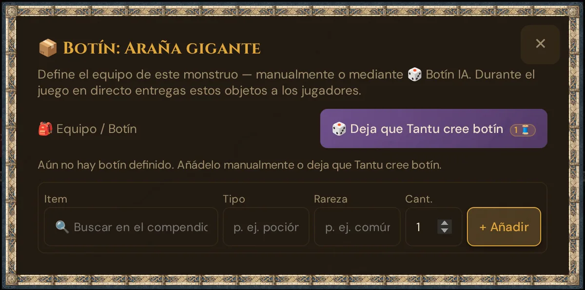 La ventana Botín de la araña gigante: Deja que Tantu cree botín con la insignia de 1 Thread y el formulario para añadir objetos tú mismo