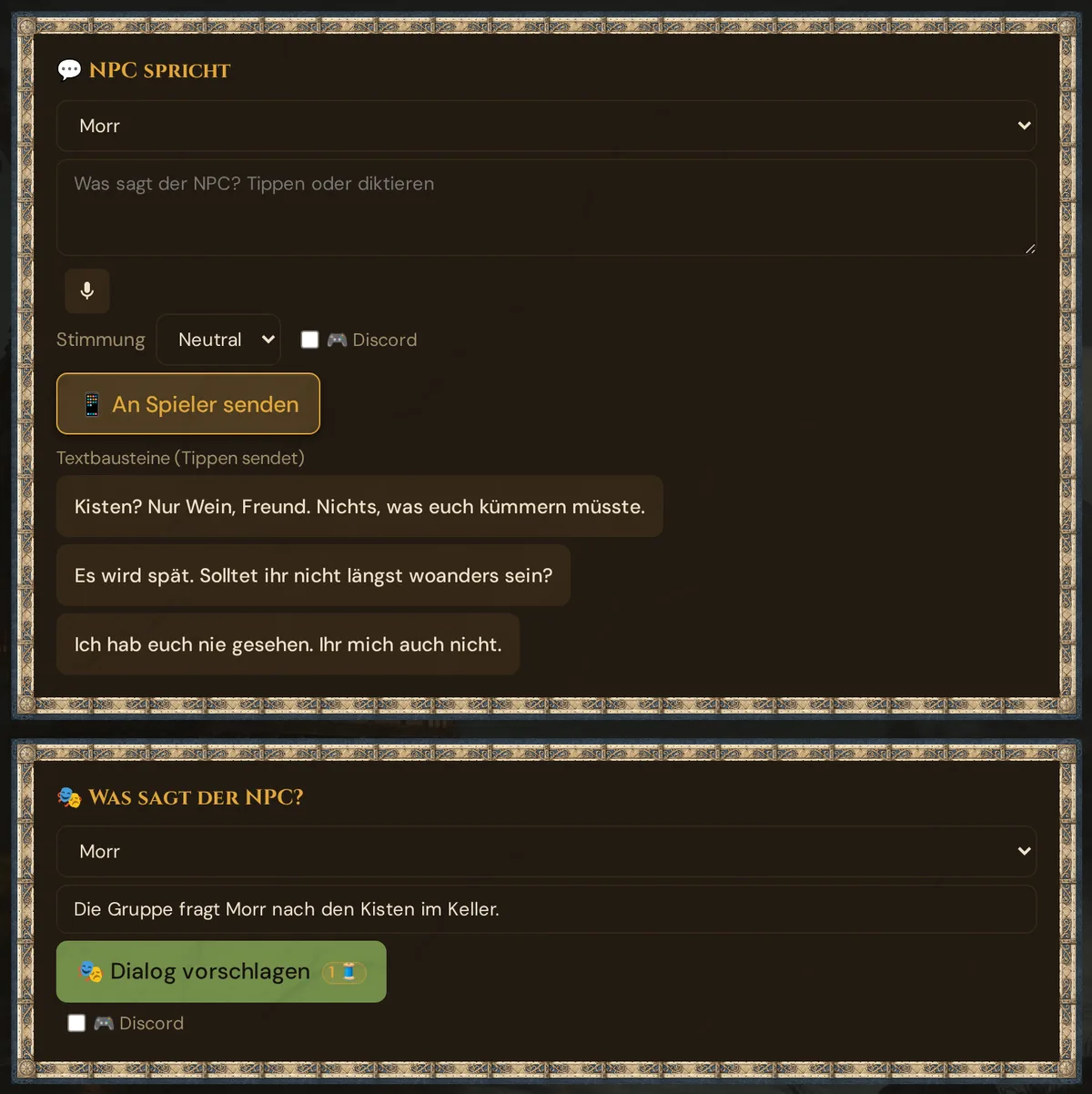 Live, NPC-Dialog: die Karte NPC spricht mit Morrs Textbausteinen, darunter Was sagt der NPC? mit eingetippter Situation