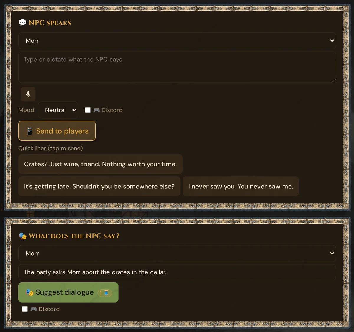 Live, NPC Dialog: the card NPC speaks with Morr's quick lines, below it What does the NPC say? with the situation typed in