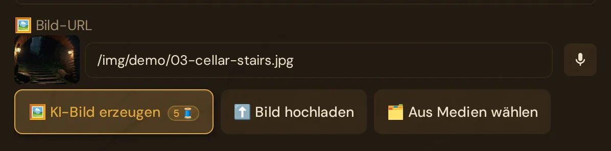Im Szeneneditor: das Bildfeld mit dem Bild des Kellereingangs, darunter KI-Bild erzeugen mit dem Badge 5 Threads, Bild hochladen und Aus Medien wählen