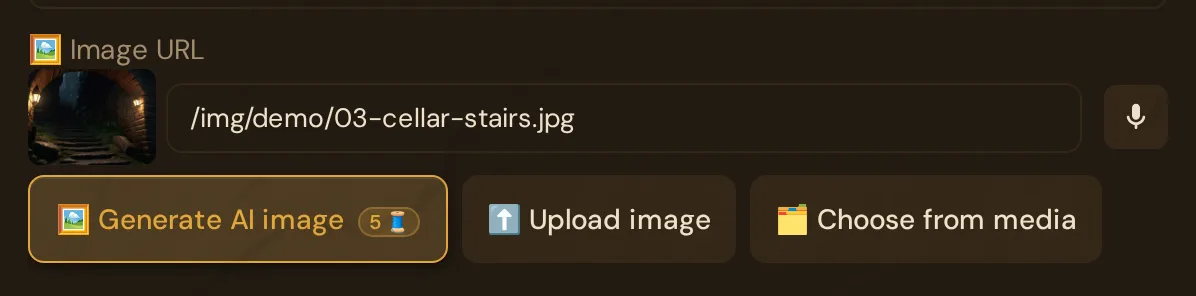 In the scene editor: the image field with the picture of the cellar entrance, below it Generate AI image with the 5 Threads badge, Upload image and Choose from media