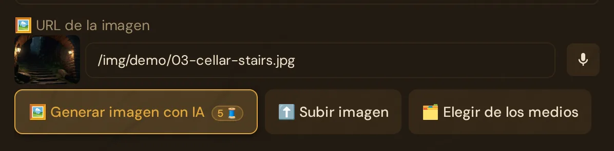 En el editor de escenas: el campo de imagen con la imagen de la entrada a las bodegas, debajo Generar imagen con IA con la insignia de 5 Threads, Subir imagen y Elegir de los medios