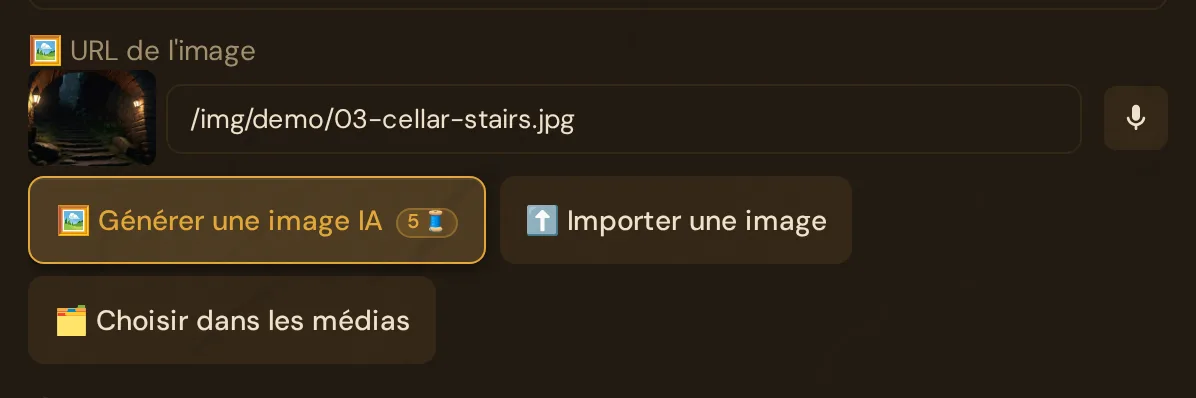 Dans l'éditeur de scène : le champ de l'image avec l'image de l'entrée des caves, en dessous Générer une image IA avec le badge 5 Threads, Importer une image et Choisir dans les médias