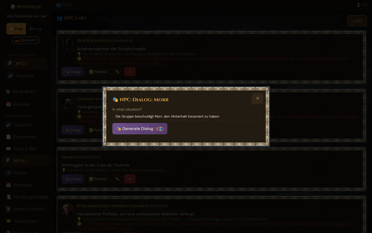 Das Fenster NPC-Dialog für Morr: In what situation? mit eingetippter Situation und Generate Dialog mit dem Badge 1 Thread