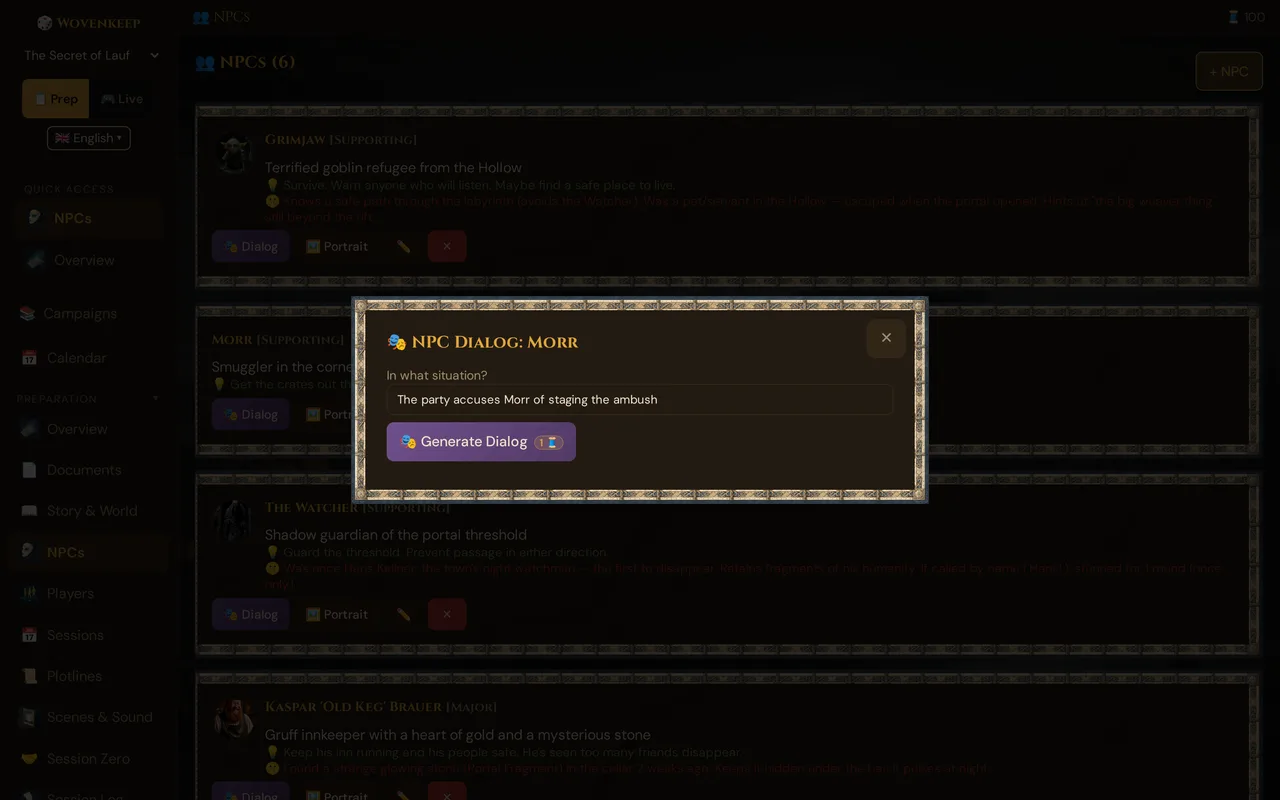 The NPC Dialog window for Morr: In what situation? with the situation typed in, and Generate Dialog with the 1 Thread badge