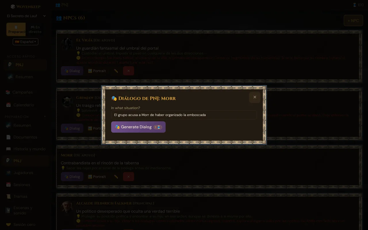 La ventana Diálogo de PNJ para Morr: In what situation? con la situación escrita y Generate Dialog con la insignia de 1 Thread
