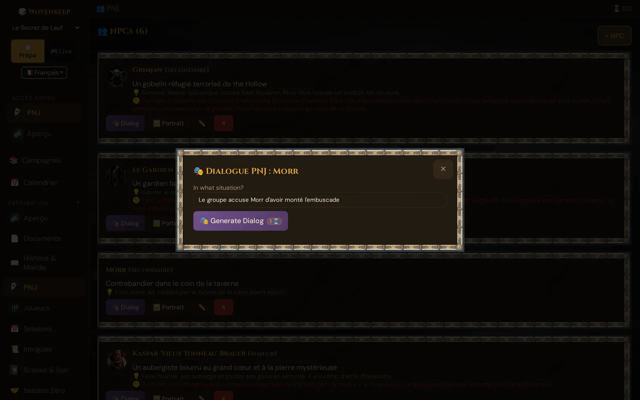 La fenêtre Dialogue PNJ pour Morr : In what situation? avec la situation saisie, et Generate Dialog avec le badge 1 Thread
