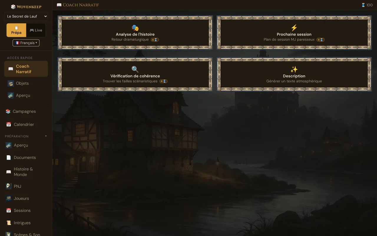 Coach Narratif : les quatre cartes Analyse de l'histoire, Prochaine session, Vérification de cohérence et Description, avec leurs badges de Threads