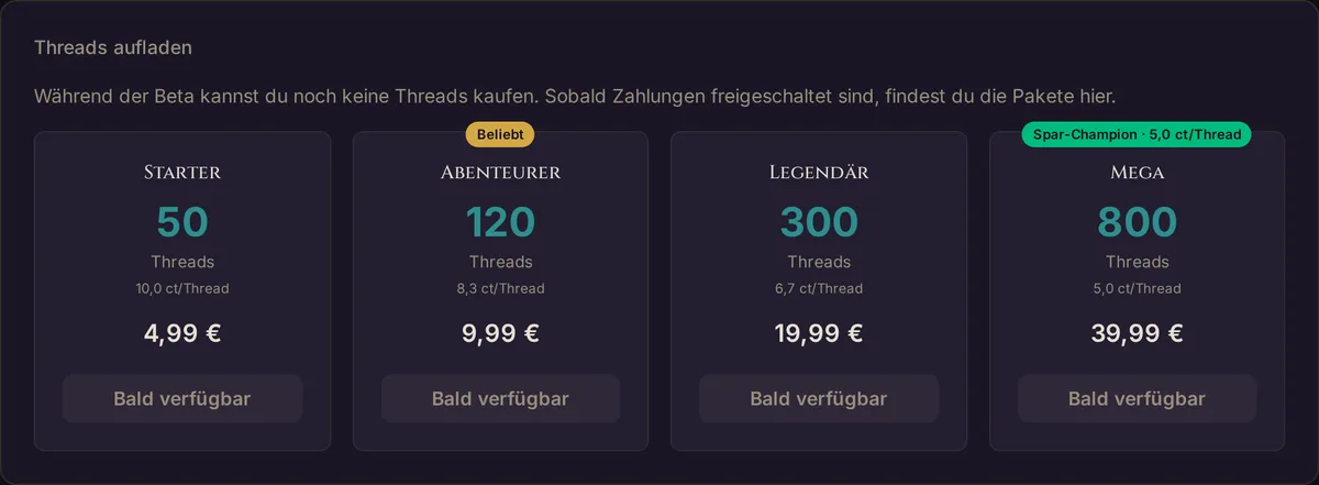 Die Karte Threads aufladen im Dashboard auf app.wovenkeep.com während der Beta: vier Pakete, markiert mit Bald verfügbar
