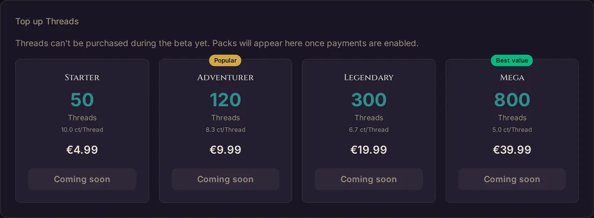 The Top up Threads card on the app.wovenkeep.com dashboard during the beta: four bundles, marked Coming soon