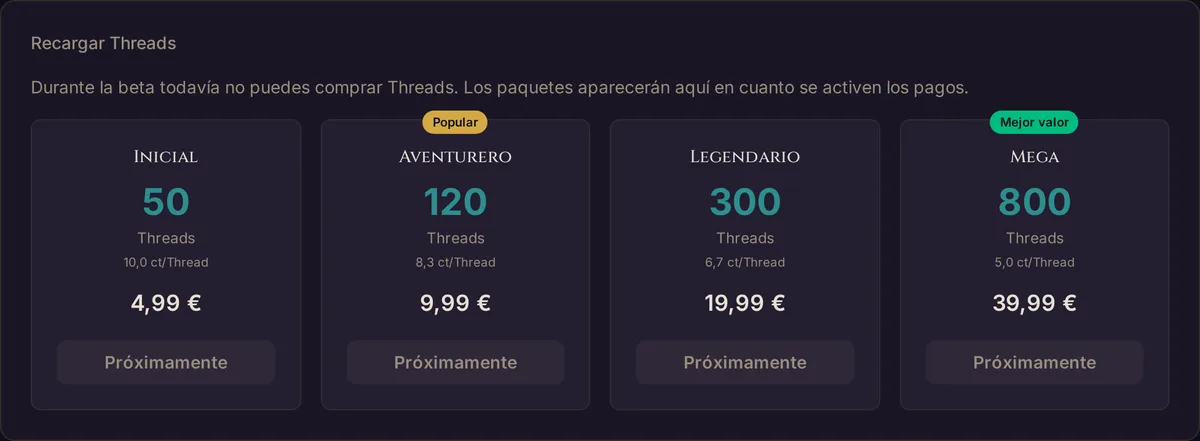 La tarjeta Recargar Threads en el panel de app.wovenkeep.com durante la beta: cuatro paquetes marcados como Próximamente