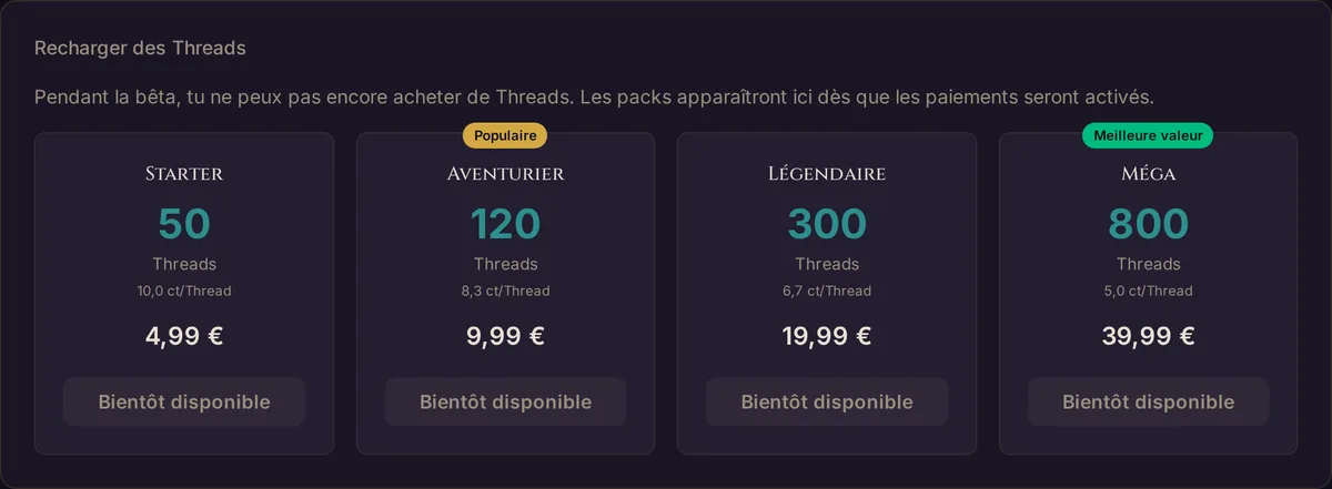La carte Recharger des Threads dans le tableau de bord de app.wovenkeep.com pendant la bêta : quatre packs marqués Bientôt disponible