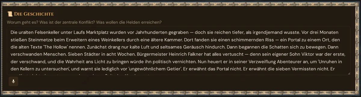 Die Karte Die Geschichte unter Story & Welt mit dem Mikrofon-Knopf unter dem Textfeld