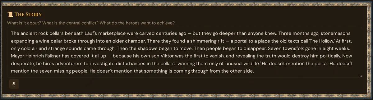 The card The Story in Story & World with the microphone button below the text field