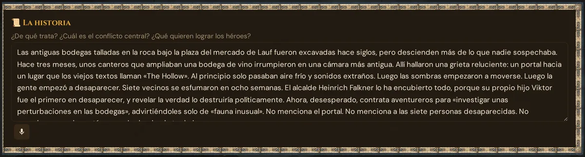 La tarjeta La historia en Historia y mundo con el botón de micrófono bajo el campo de texto