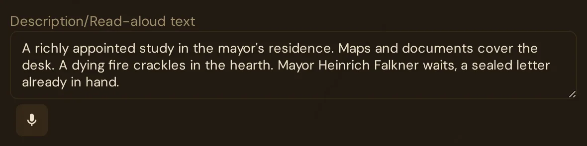 The scene description with the microphone button below it