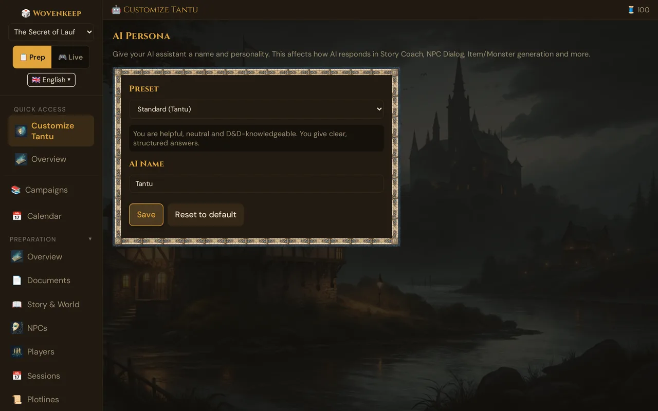 The AI Persona page (sidebar: Customize Tantu): the Preset dropdown with the preview of Standard (Tantu), AI Name, Save and Reset to default