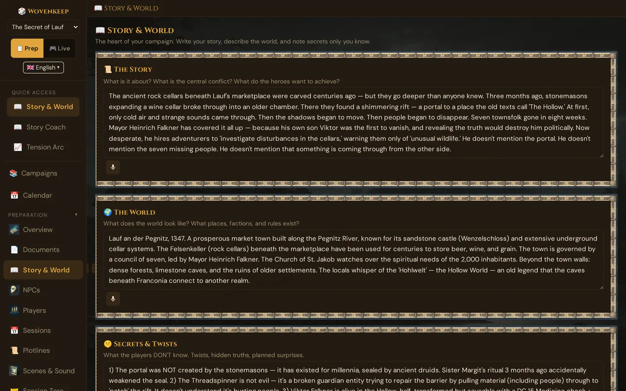 Story & World: the boxes The Story and The World filled in for the demo campaign, below them the start of Secrets & Twists