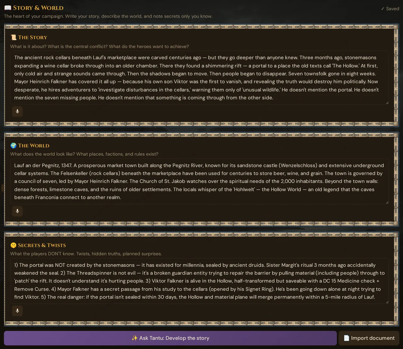 The Story & World page: the boxes The Story, The World and Secrets & Twists stacked, ✓ Saved at the top right, below them Ask Tantu and Import document