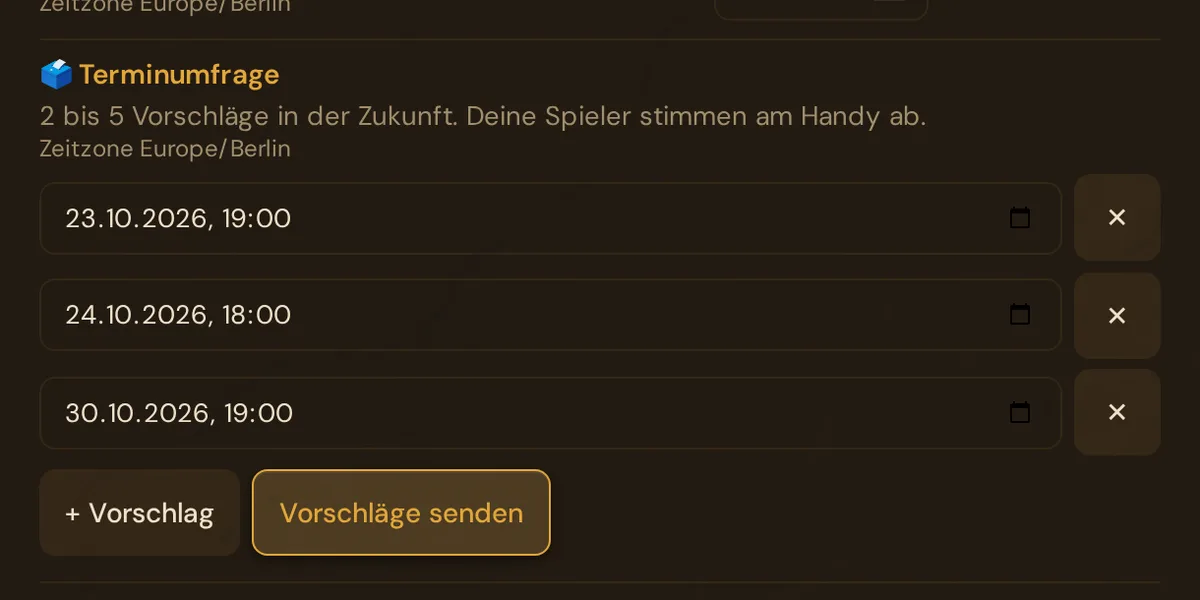 Terminumfrage mit drei vorgeschlagenen Terminen im Sitzungs-Editor