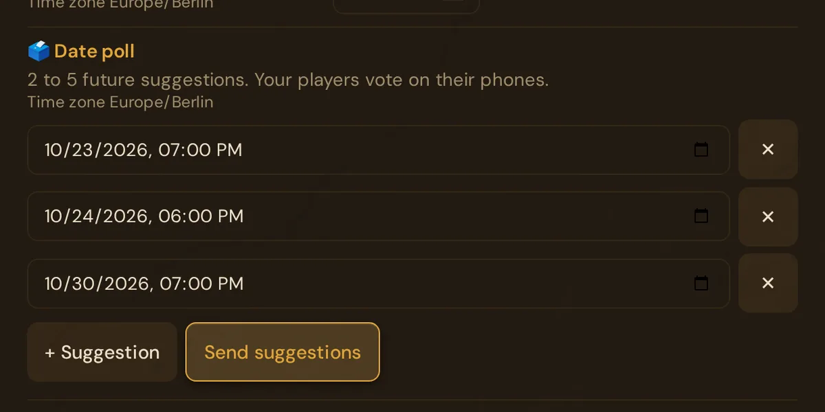 Date poll with three suggested dates in the session editor