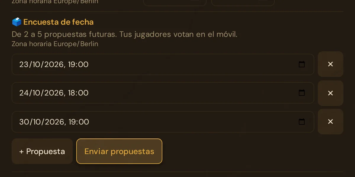 Encuesta de fecha con tres fechas propuestas en el editor de sesión