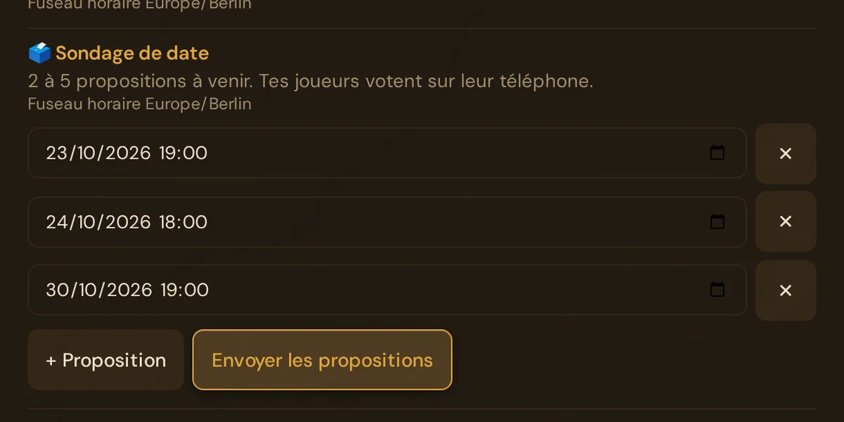 Sondage de date avec trois dates proposées dans l'éditeur de session