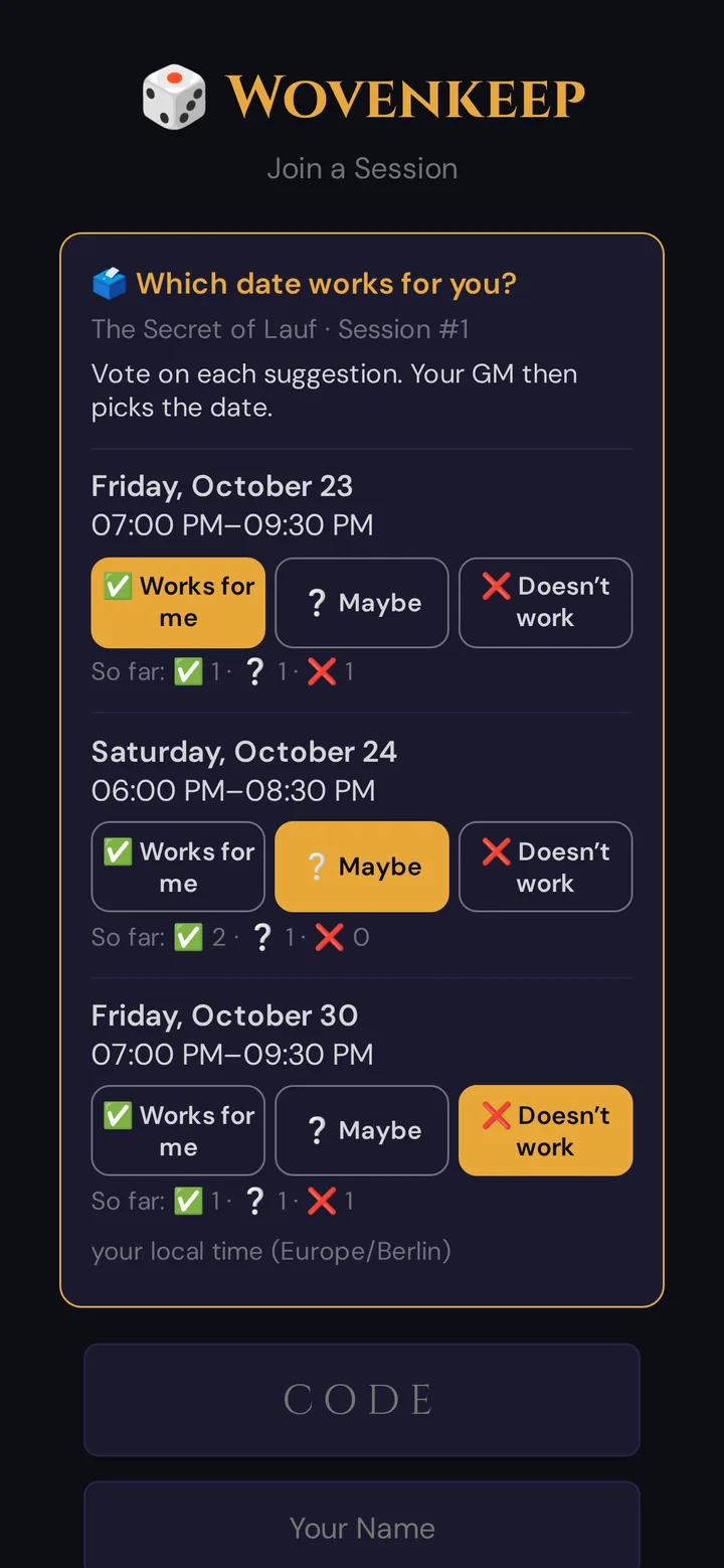 The date poll on a player's phone