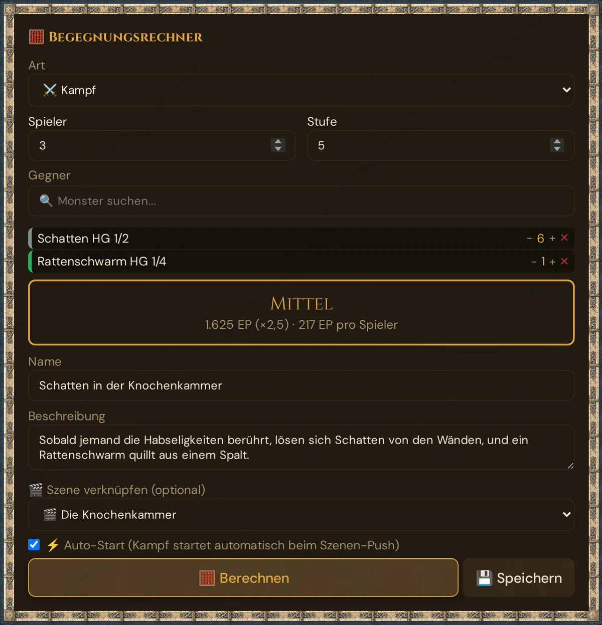 Der Begegnungsrechner: Art ⚔️ Kampf, Spieler 3 und Stufe 5, Schatten ×6 und Rattenschwarm ×1 mit - / + / ✕, Ergebnis Mittel, Name, Beschreibung, Szene verknüpfen, Auto-Start, Berechnen und Speichern