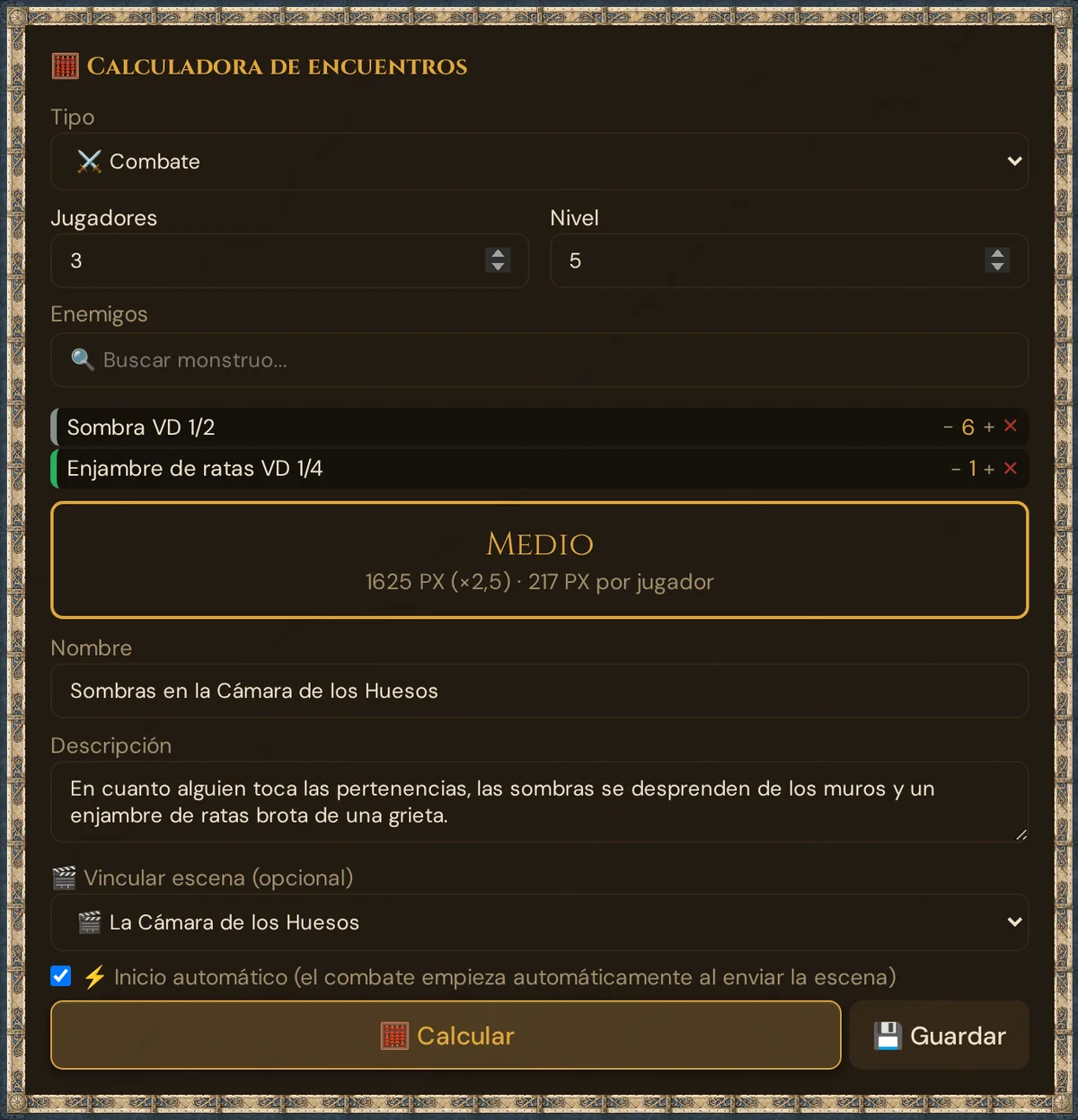 La calculadora de encuentros: Tipo ⚔️ Combate, Jugadores 3 y Nivel 5, Sombra ×6 y Enjambre de ratas ×1 con - / + / ✕, resultado Medio, Nombre, Descripción, Vincular escena, Inicio automático, Calcular y Guardar