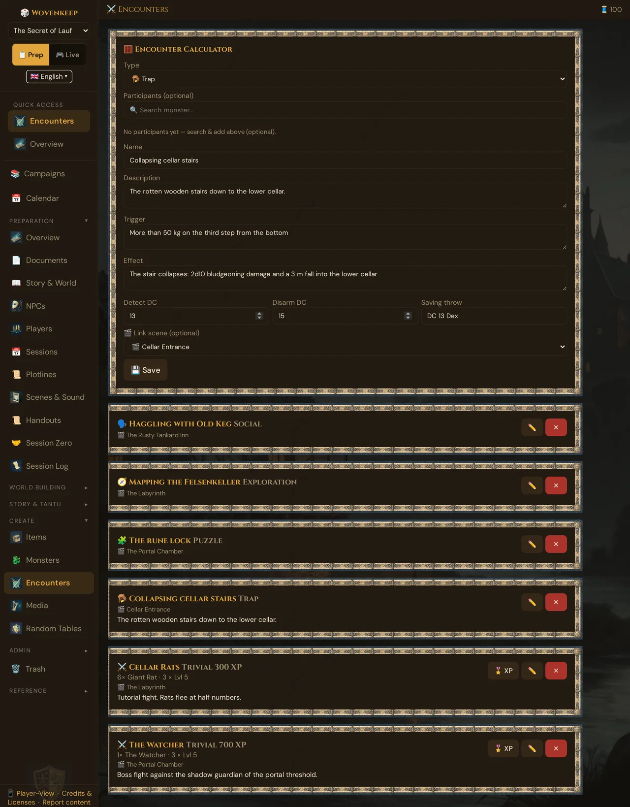 Encounters: the Encounter Calculator with Type set to 🪤 Trap — with the fields Trigger, Effect, Detect DC, Disarm DC and Saving throw, without Players, Level, Calculate and Auto-Start — and below it the list with one encounter of each type and the two ⚔️ fights of the demo with difficulty, XP and the 🎖️ XP button
