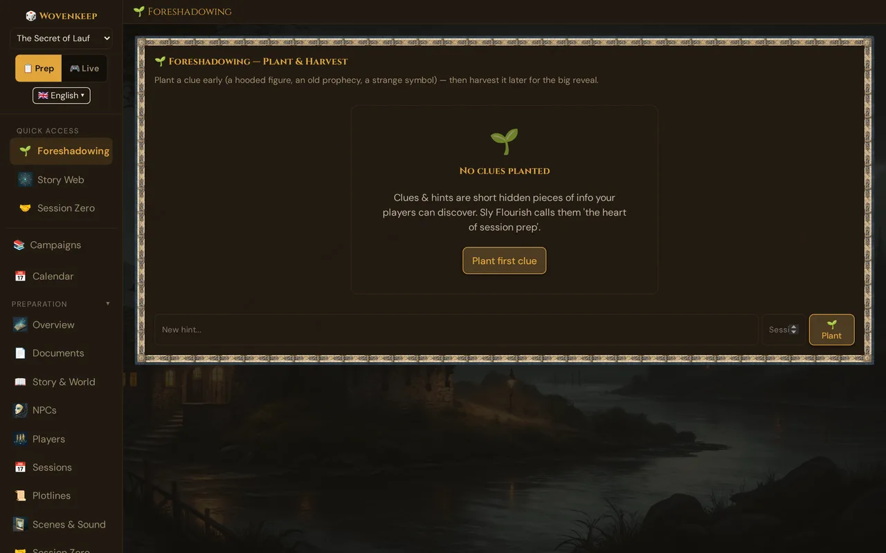 Foreshadowing — Plant & Harvest before the first hint: No clues planted, Plant first clue, and below them the row New hint… with session number and 🌱 Plant