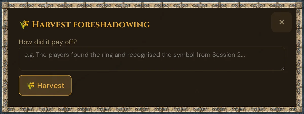 The window 🌾 Harvest foreshadowing with the field How did it pay off? and the 🌾 Harvest button