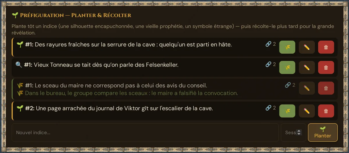 La section Préfiguration avec quatre indices : 🌱 #1 Des rayures fraîches sur la serrure de la cave, 🔍 #1 Vieux Tonneau se tait dès qu'on parle des Felsenkeller, 🌾 #1 Le sceau du maire ne correspond pas à celui des avis du conseil avec sa révélation en vert, 🌱 #2 Une page arrachée du journal de Viktor — chacun avec 🔗 2 et les boutons 🌾 (sauf l'indice récolté), ✏️ et 🗑, en dessous Nouvel indice…, Session et 🌱 Planter