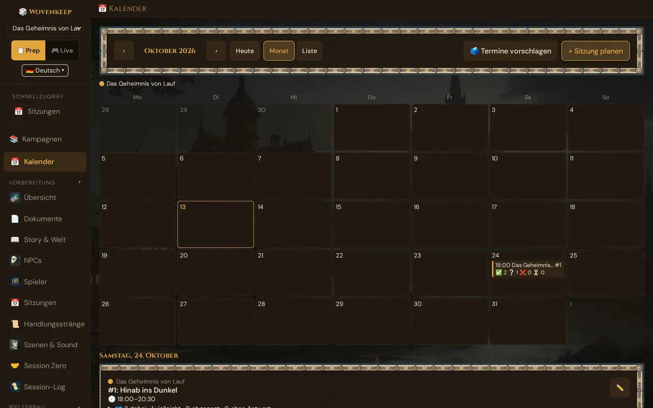 Die Seite Kalender in der Monatsansicht mit einer geplanten Sitzung