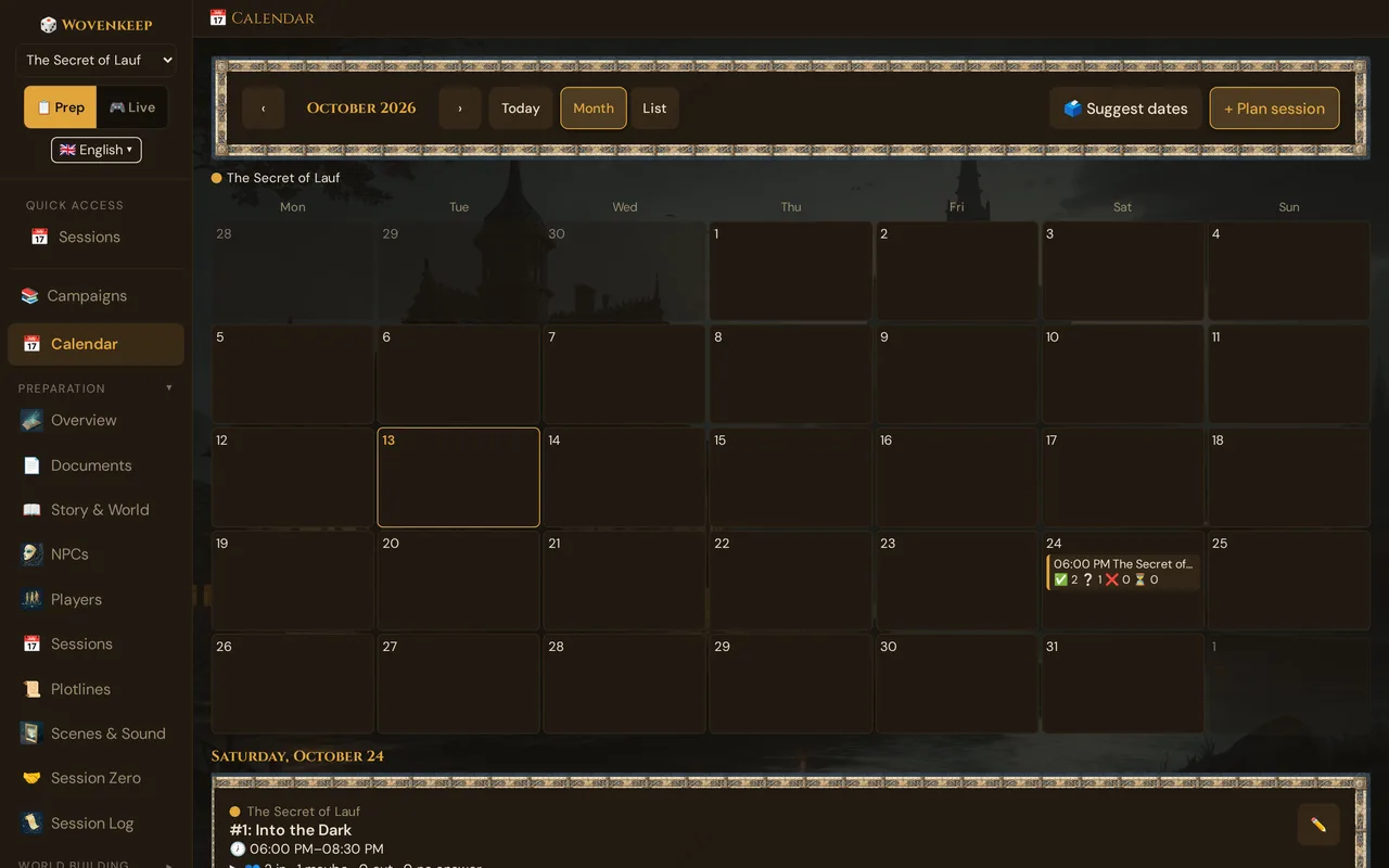 The Calendar page in month view with a planned session