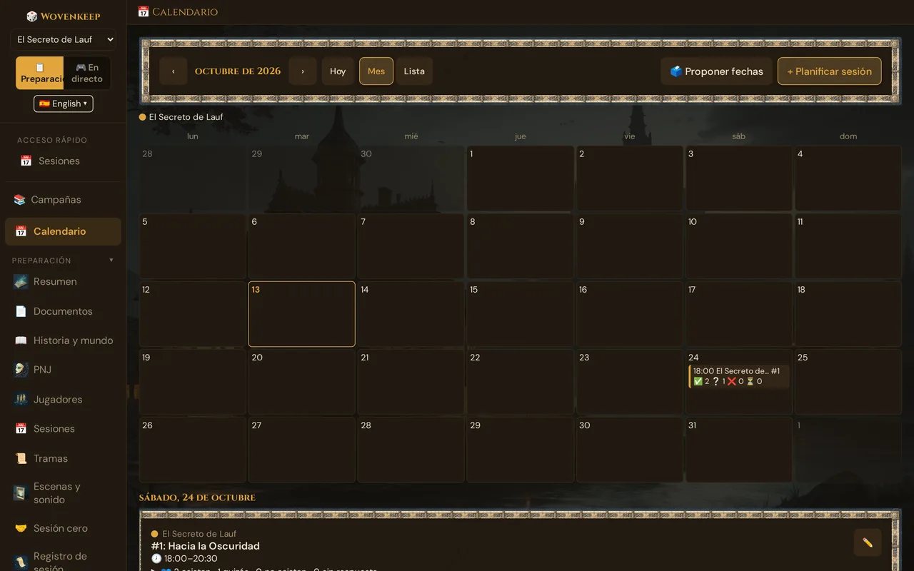 La página Calendario en vista mensual con una sesión planificada