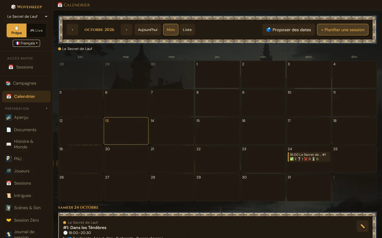 La page Calendrier en vue mensuelle avec une session planifiée