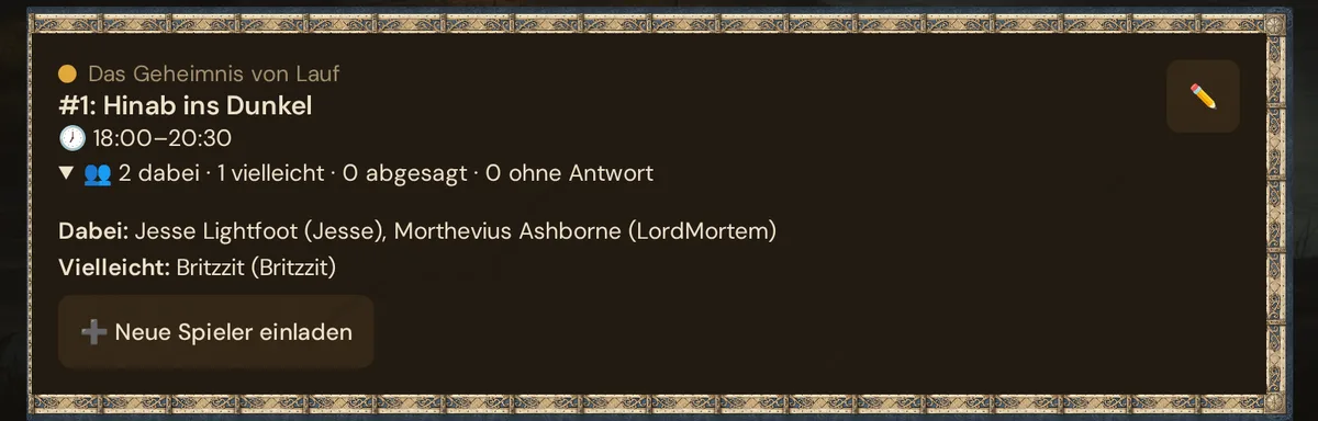 Sitzungskarte im Kalender mit den Antworten und dem Knopf Neue Spieler einladen