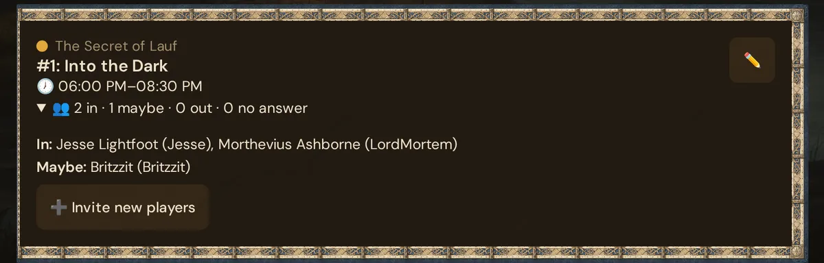 Session card in the calendar with the answers and the Invite new players button