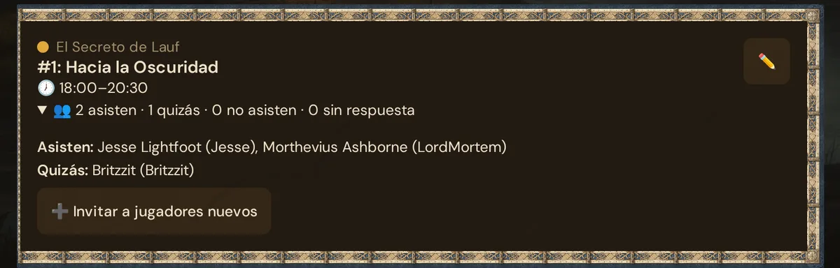 Tarjeta de sesión en el calendario con las respuestas y el botón Invitar a jugadores nuevos