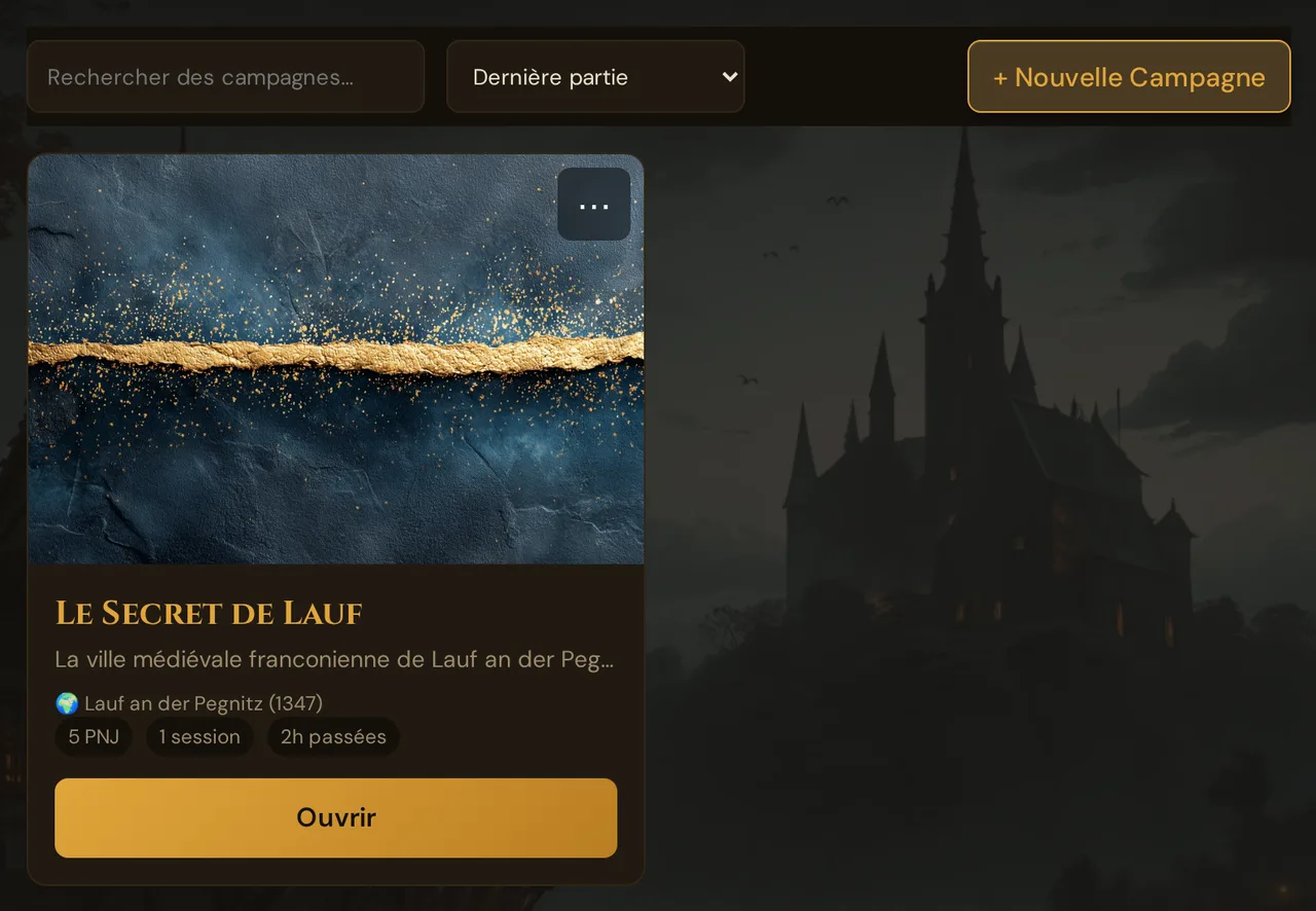 Le Hub de campagnes : recherche, tri, + Nouvelle Campagne et la carte de la campagne de démonstration