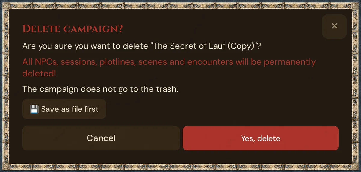 The window Delete campaign?: the warning that everything goes to the trash with it, the note about 30 days in the trash, the button Save as file first, Cancel and Yes, delete