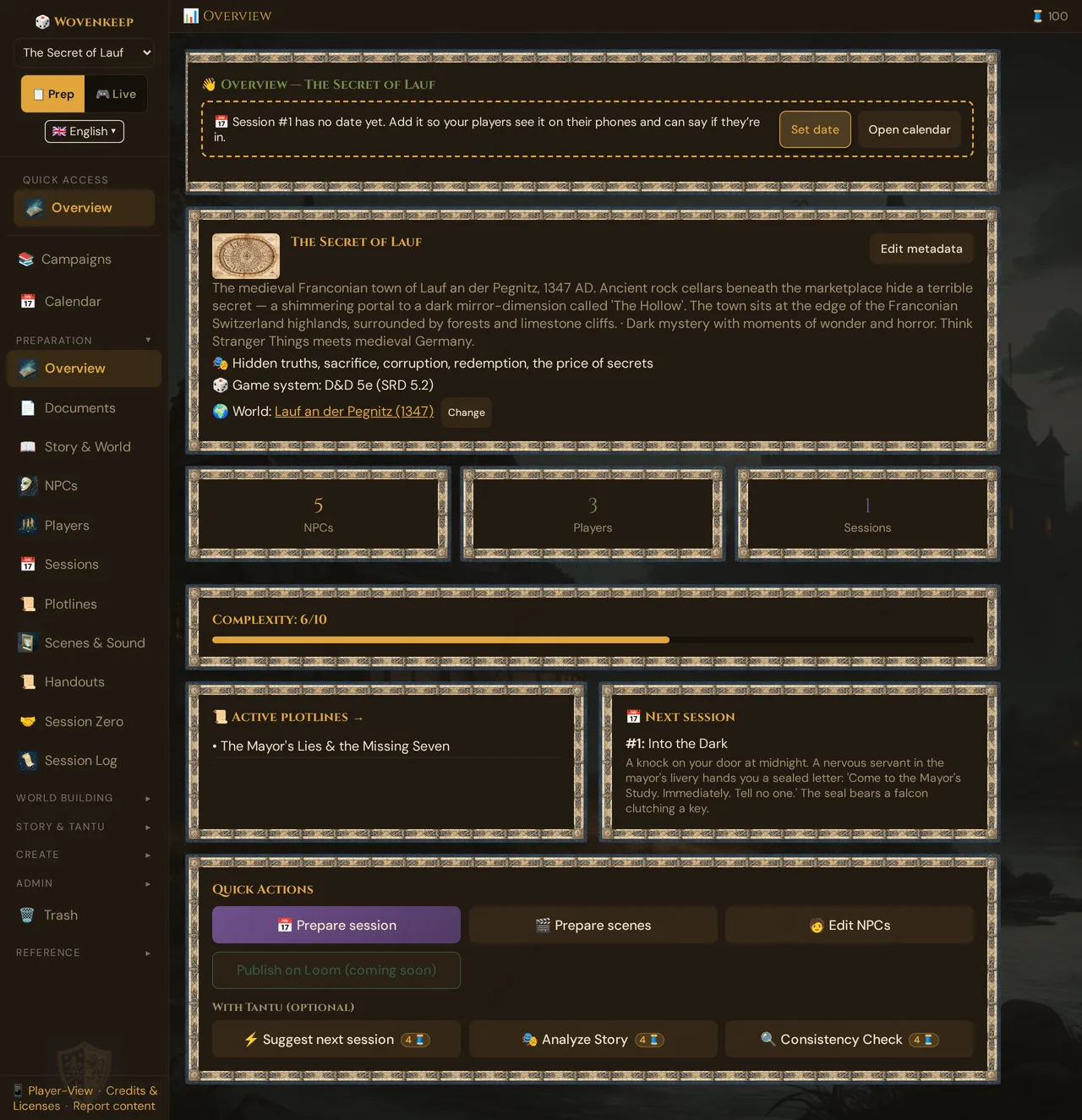 The prep side of the GM tool: on the left the sidebar with Preparation and the groups World Building, Story & Tantu, Create, on the right the Overview of the demo campaign