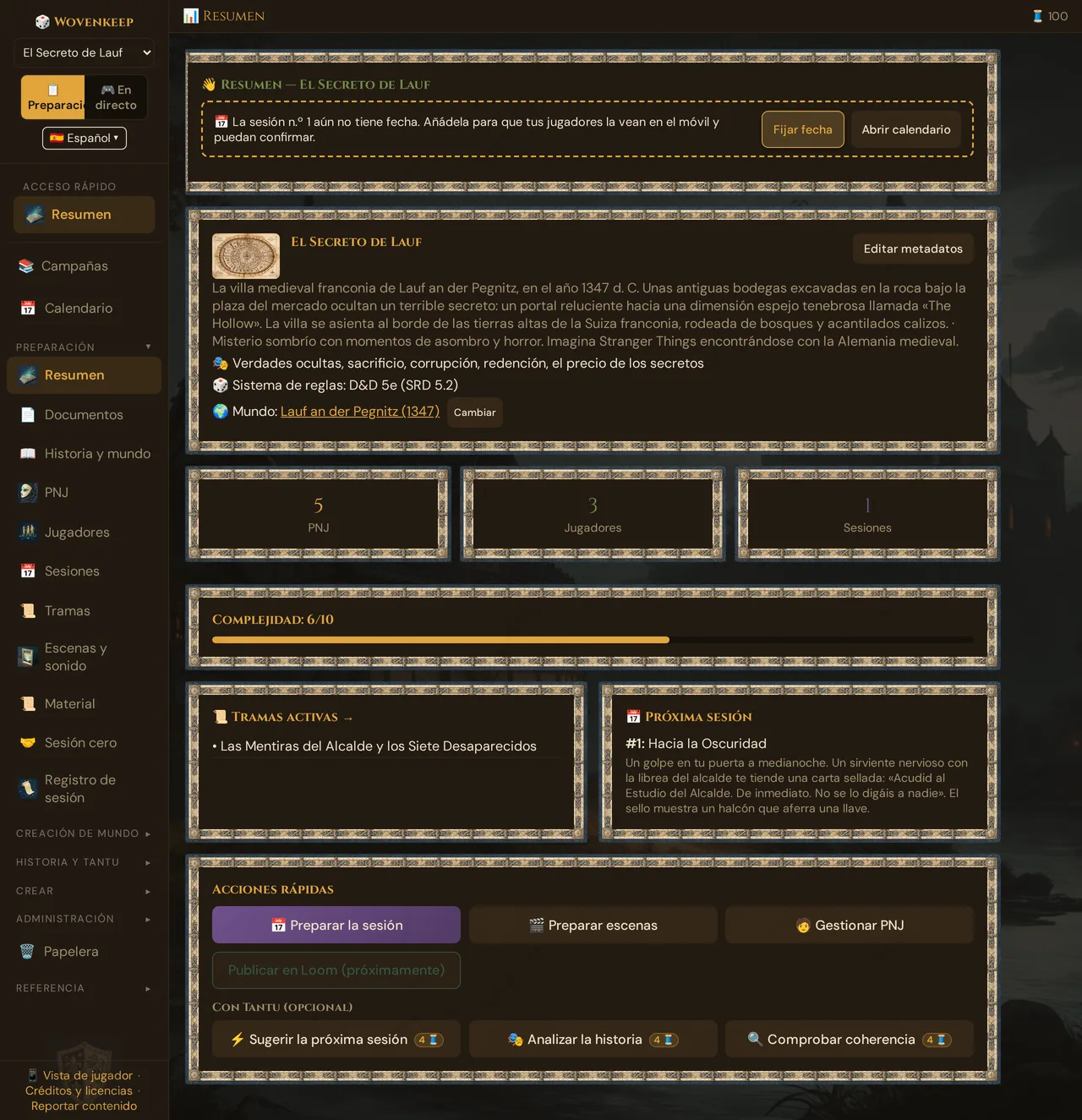 La preparación en la herramienta de Game Master: a la izquierda la barra lateral con Preparación y los grupos Creación de mundo, Historia y Tantu, Crear, a la derecha el resumen de la campaña de demostración