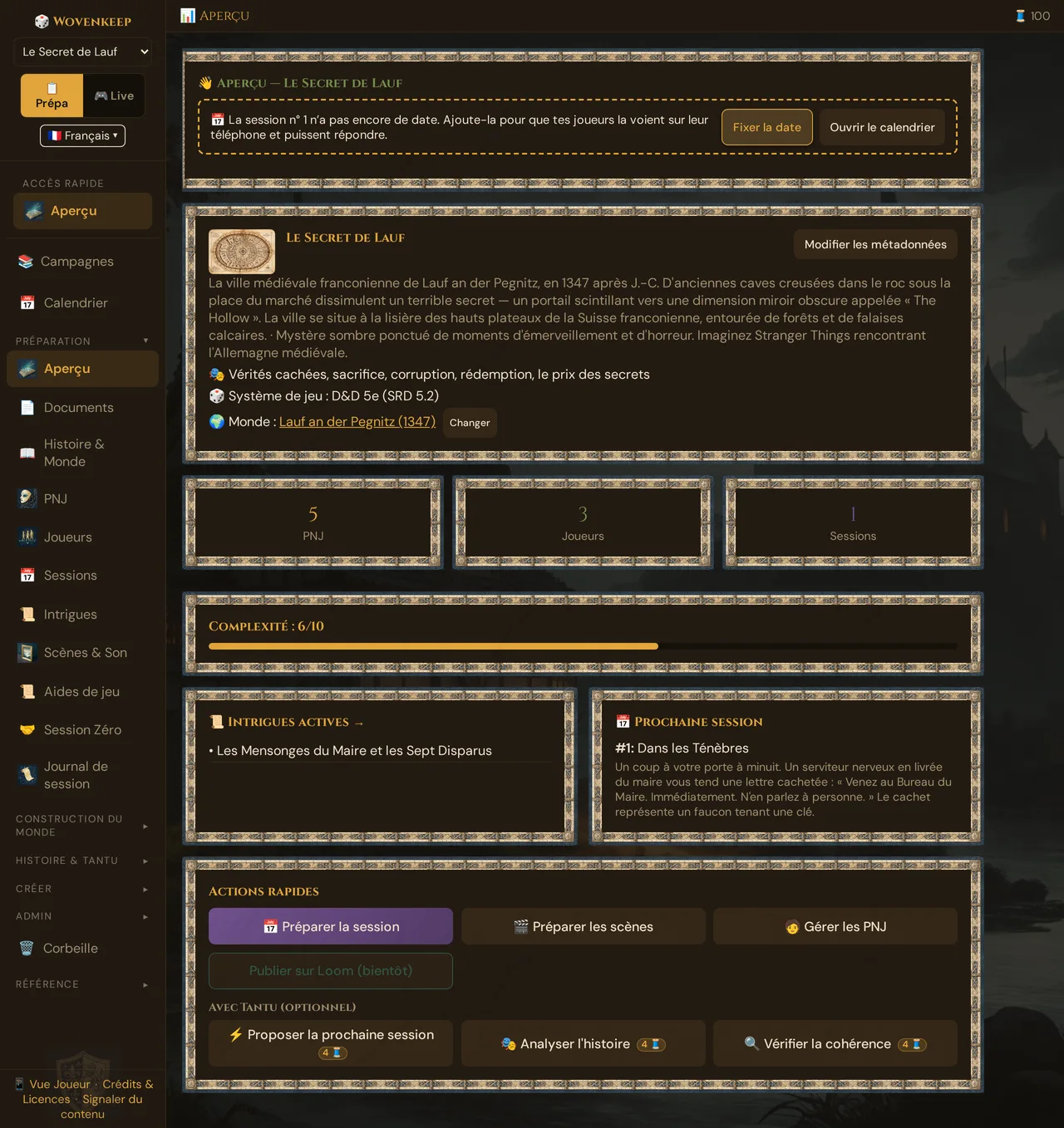 La préparation dans l'outil Game Master : à gauche la barre latérale avec Préparation et les groupes Construction du Monde, Histoire & Tantu, Créer, à droite l'aperçu de la campagne de démonstration