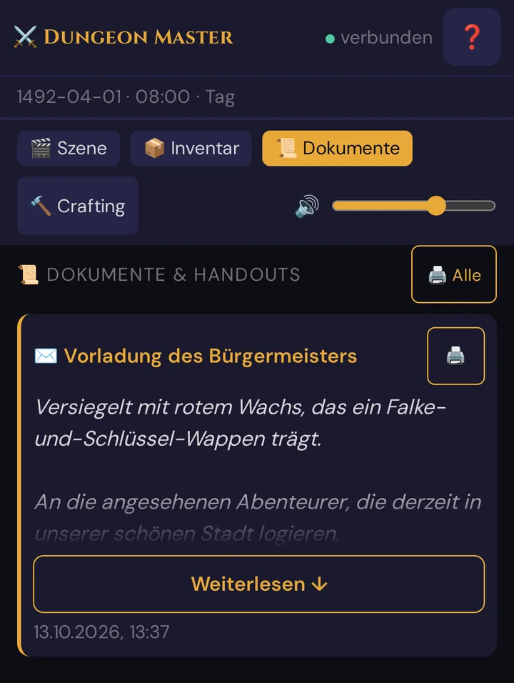 Der Reiter Dokumente auf dem Spieler-Handy: der Brief Vorladung des Bürgermeisters mit Icon, Drucken-Knopf, den ersten Zeilen und Weiterlesen ↓