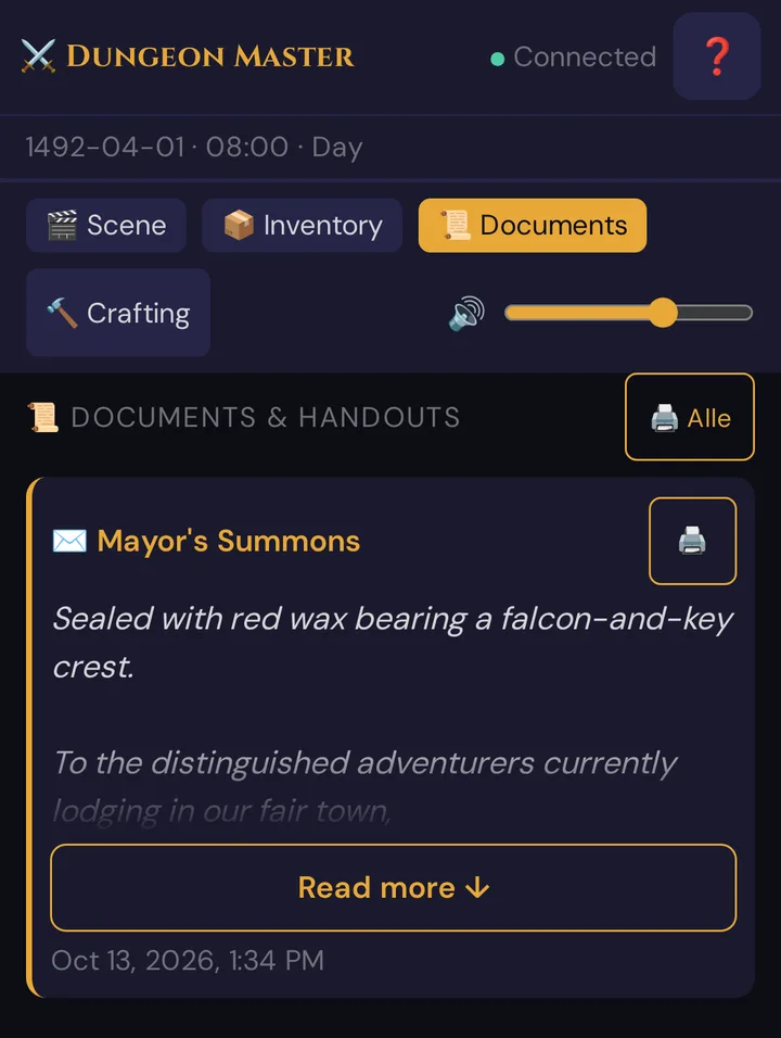 The player's Documents tab on the phone: the letter Mayor's Summons with icon, print button, the first lines and Read more ↓