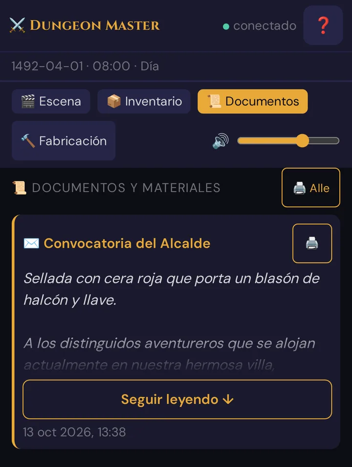 La pestaña Documentos en el móvil del jugador: la carta Convocatoria del Alcalde con icono, botón de imprimir, las primeras líneas y Seguir leyendo ↓